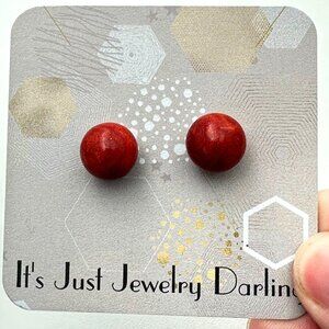 Womens Earrings 14K Yellow Gold Red Coral 11mm Ball Studs Pierced Gift Idea